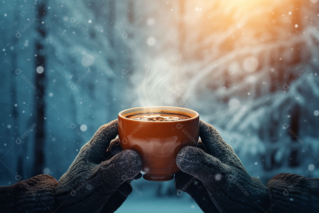 Uma imagem aconchegante com uma mão segurando uma xícara de café fumegante, tendo como pano de fundo vibrante uma floresta de inverno