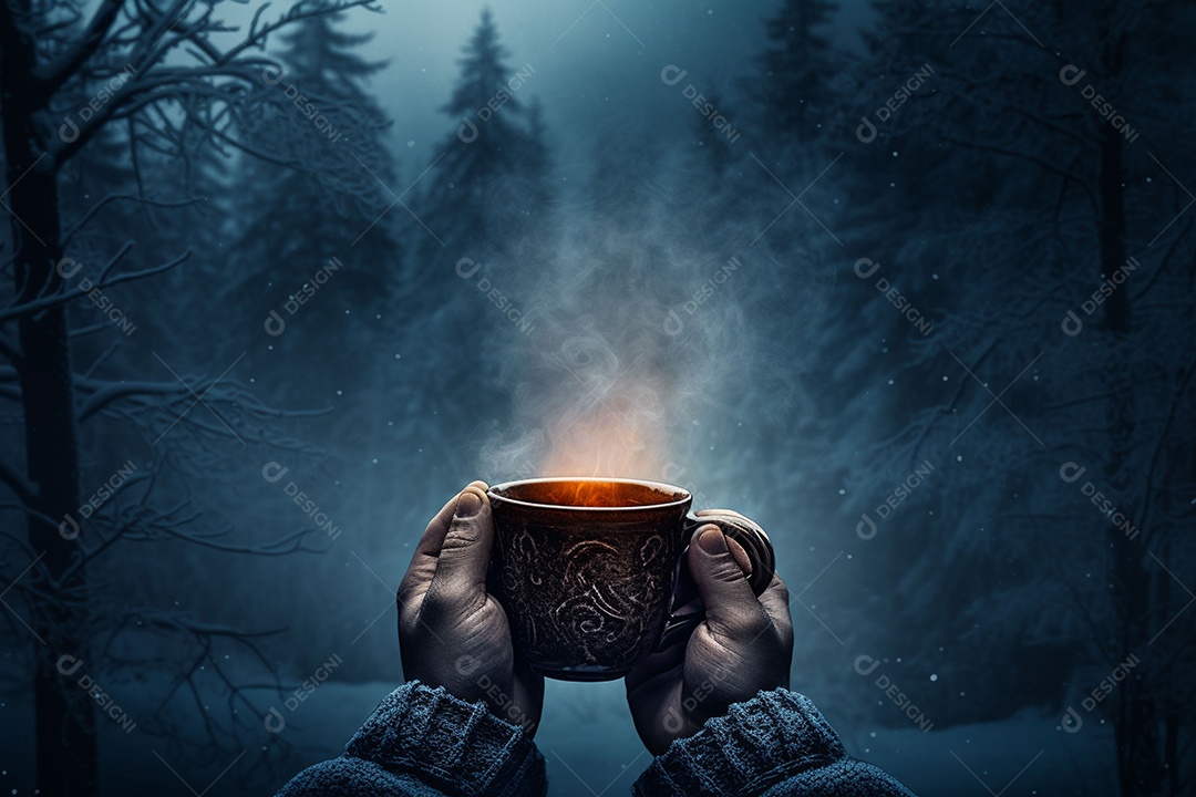 Uma imagem aconchegante com uma mão segurando uma xícara de café fumegante, tendo como pano de fundo vibrante uma floresta de inverno