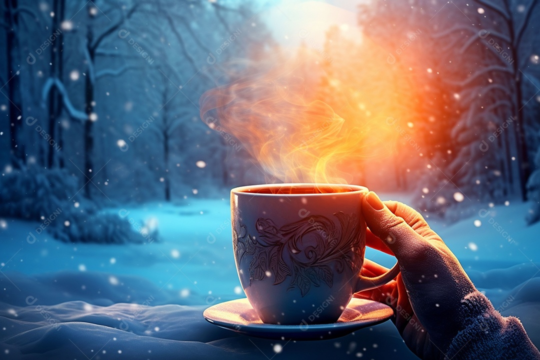 Uma imagem aconchegante com uma mão segurando uma xícara de café fumegante, tendo como pano de fundo vibrante uma floresta de inverno