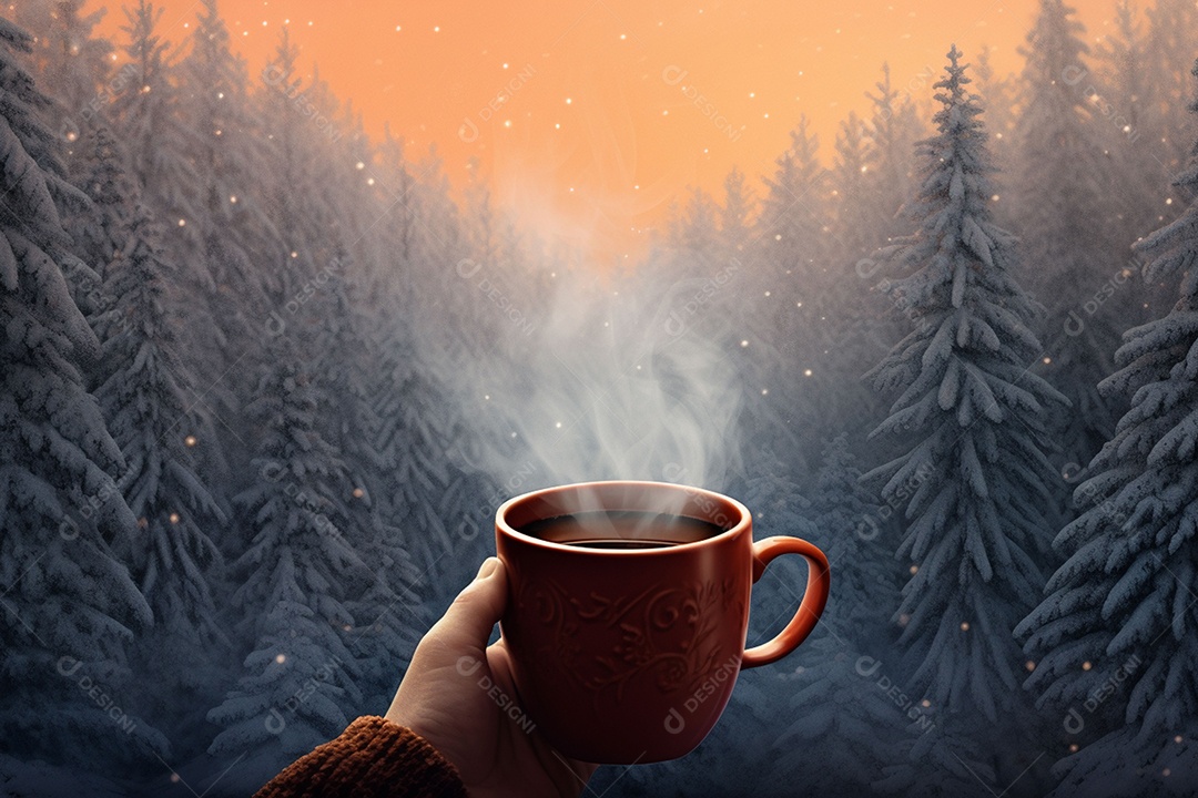 Uma imagem aconchegante com uma mão segurando uma xícara de café fumegante, tendo como pano de fundo vibrante uma floresta de inverno