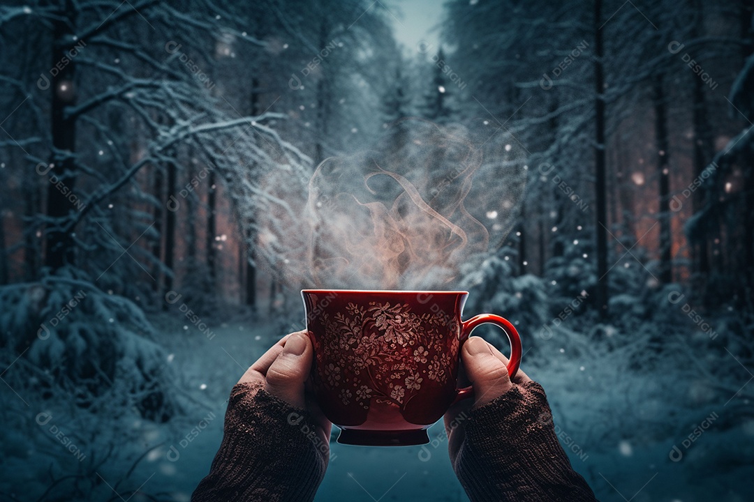 Uma imagem aconchegante com uma mão segurando uma xícara de café fumegante, tendo como pano de fundo vibrante uma floresta de inverno