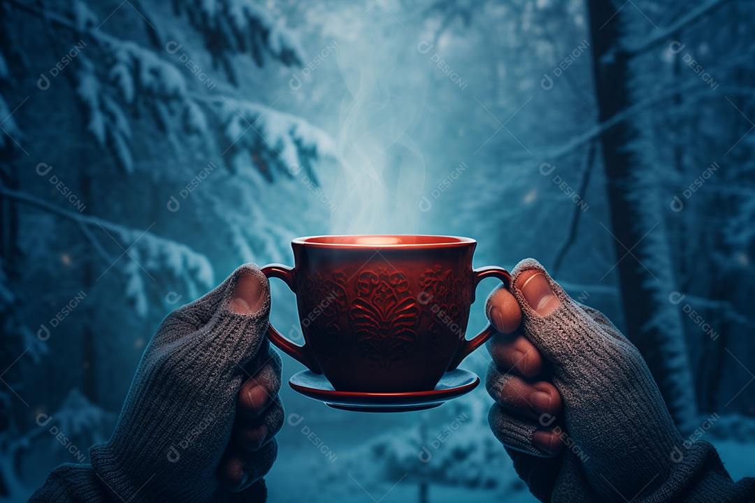 Uma imagem aconchegante com uma mão segurando uma xícara de café fumegante, tendo como pano de fundo vibrante uma floresta de inverno