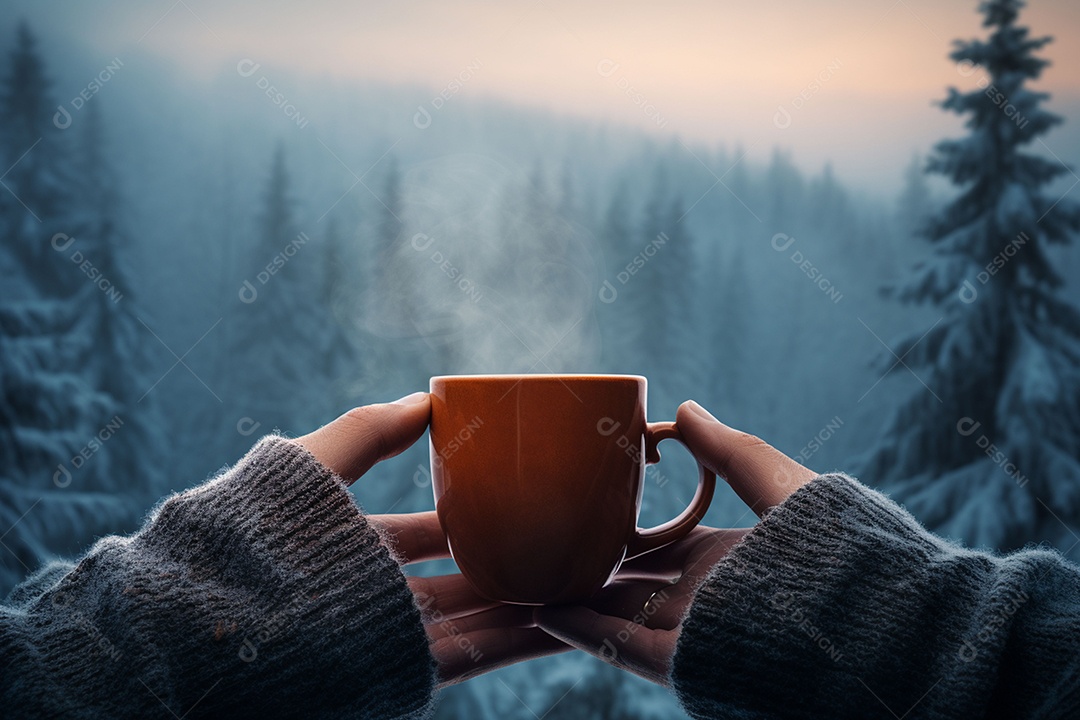 Uma imagem aconchegante com uma mão segurando uma xícara de café fumegante, tendo como pano de fundo vibrante uma floresta de inverno