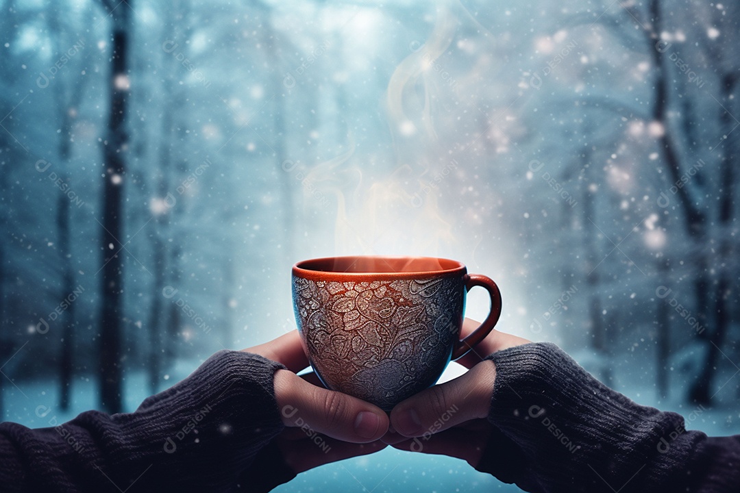 Uma imagem aconchegante com uma mão segurando uma xícara de café fumegante, tendo como pano de fundo vibrante uma floresta de inverno