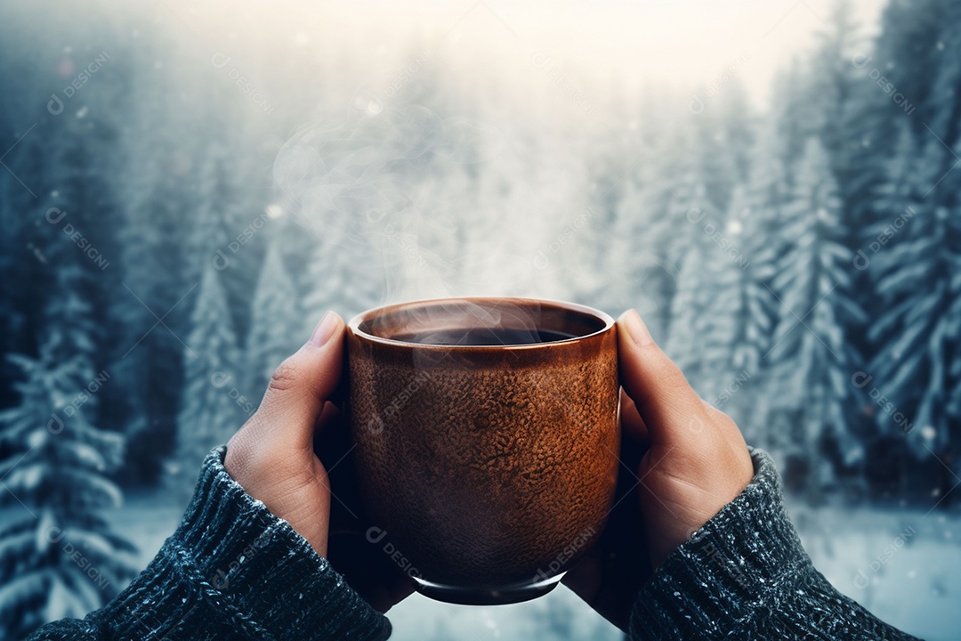 Uma imagem aconchegante com uma mão segurando uma xícara de café fumegante, tendo como pano de fundo vibrante uma floresta de inverno