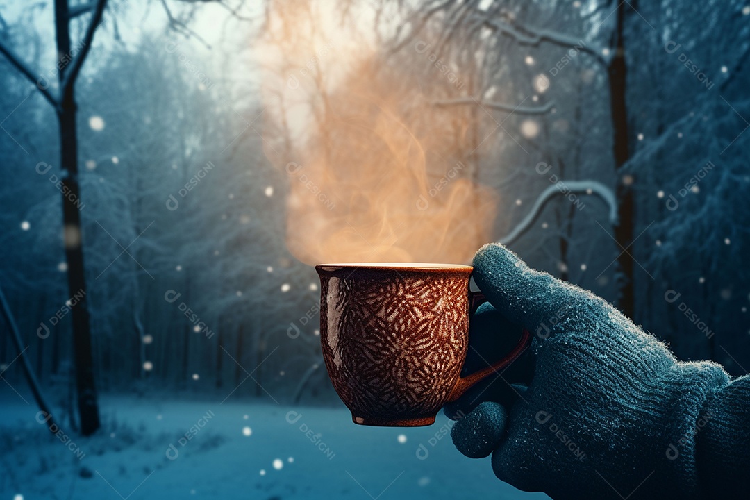 Uma imagem aconchegante com uma mão segurando uma xícara de café fumegante, tendo como pano de fundo vibrante uma floresta de inverno