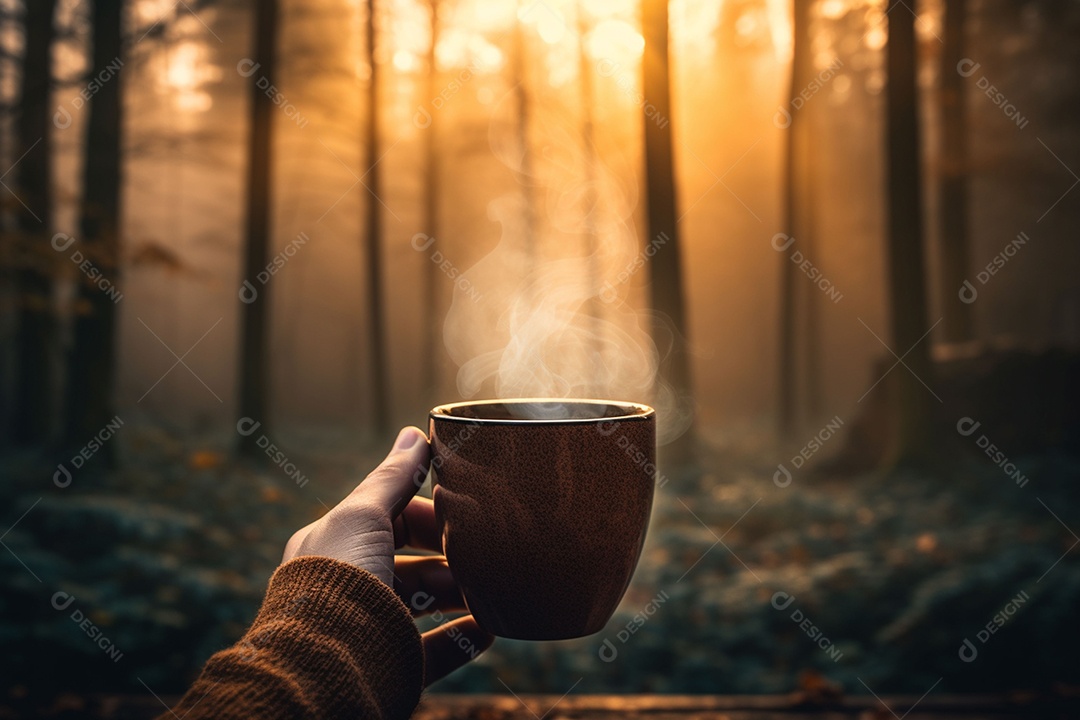 Uma imagem aconchegante com uma mão segurando uma xícara de café fumegante, tendo como pano de fundo vibrante uma floresta de inverno