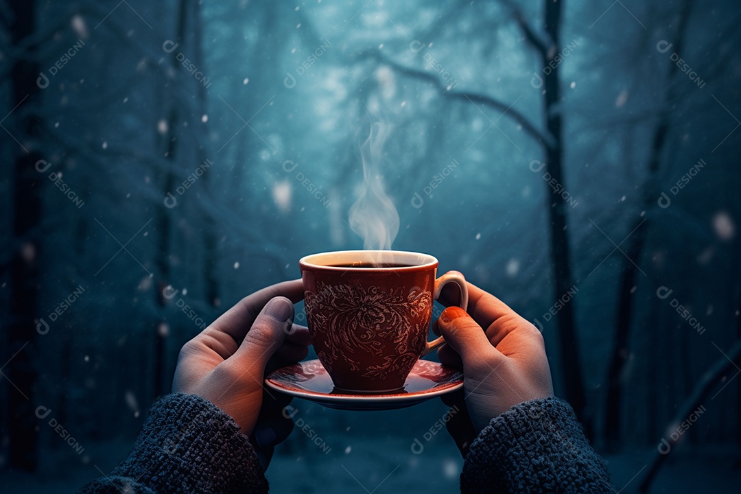 Uma imagem aconchegante com uma mão segurando uma xícara de café fumegante, tendo como pano de fundo vibrante uma floresta de inverno