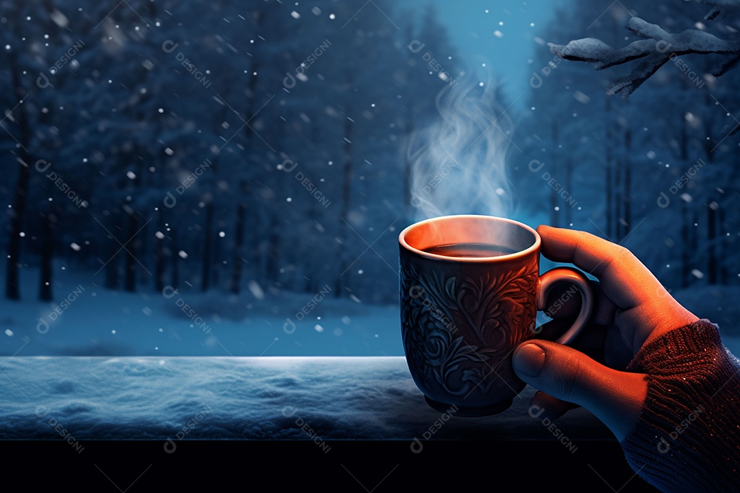 Uma imagem aconchegante com uma mão segurando uma xícara de café fumegante, tendo como pano de fundo vibrante uma floresta de inverno