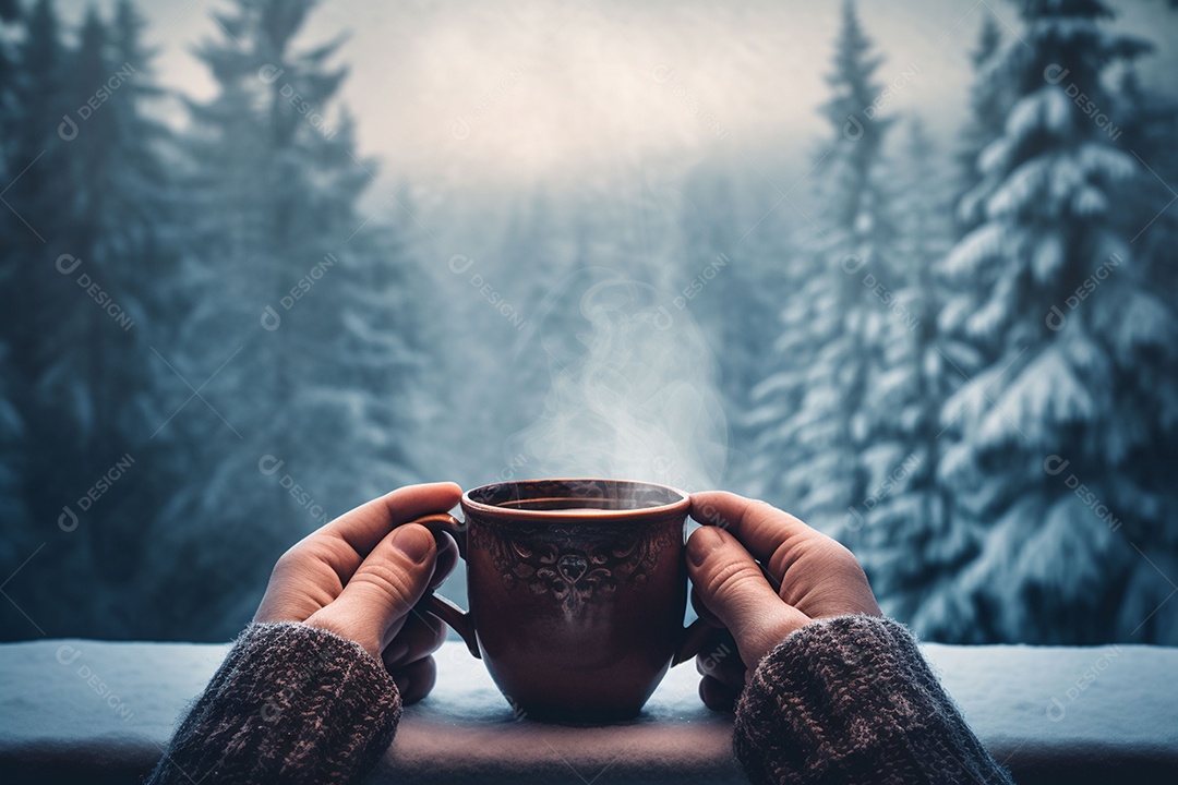 Uma imagem aconchegante com uma mão segurando uma xícara de café fumegante, tendo como pano de fundo vibrante uma floresta de inverno