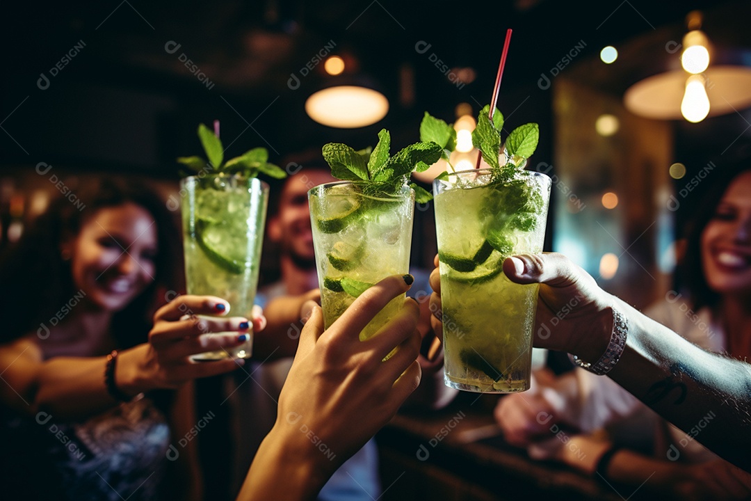 Close-up do grupo de amigos torcendo pela bebida mojito