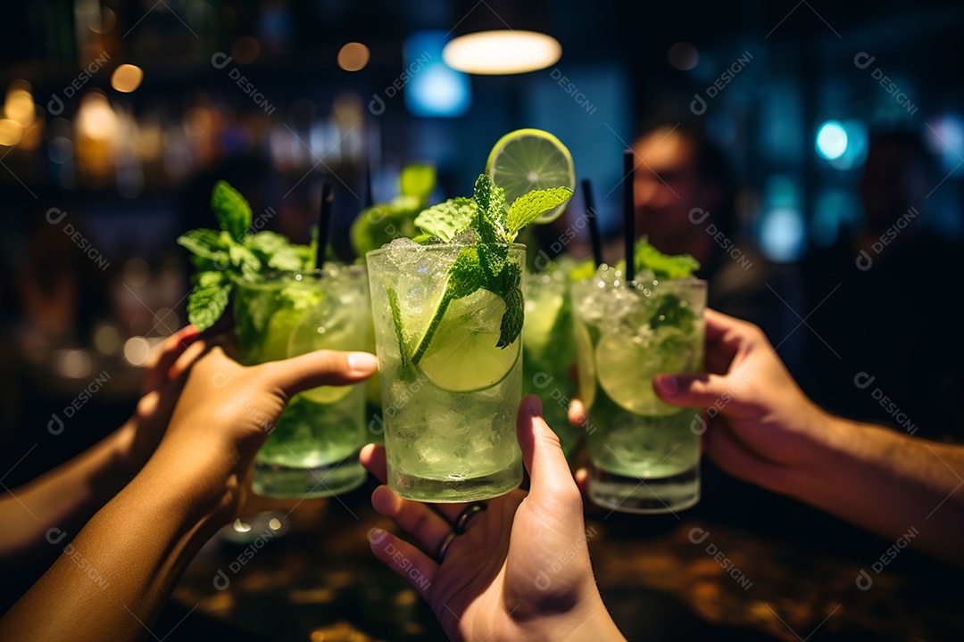 Close-up do grupo de amigos torcendo pela bebida mojito