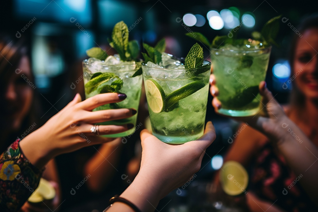 Close-up do grupo de amigos torcendo pela bebida mojito
