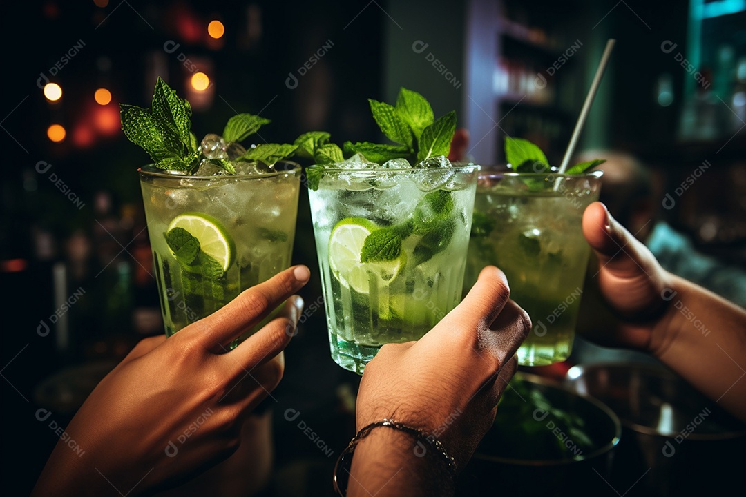 Close-up do grupo de amigos torcendo pela bebida mojito