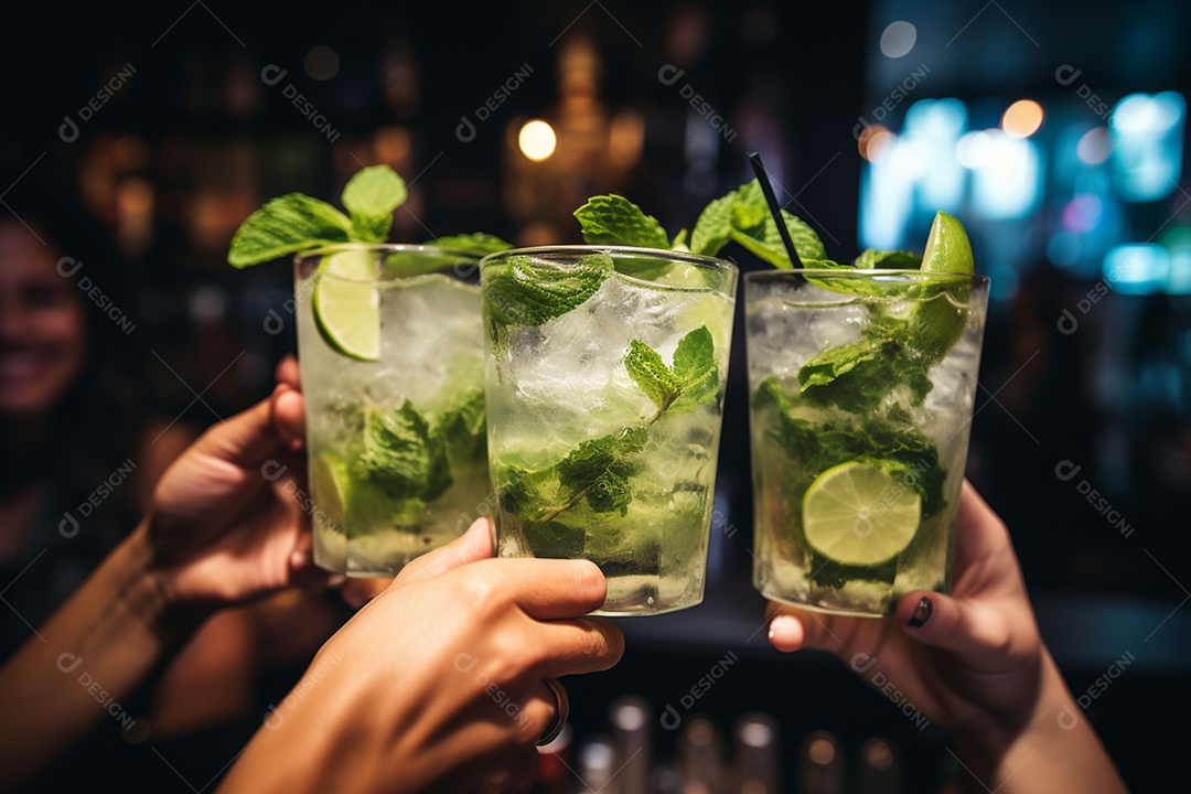 Close-up do grupo de amigos torcendo pela bebida mojito
