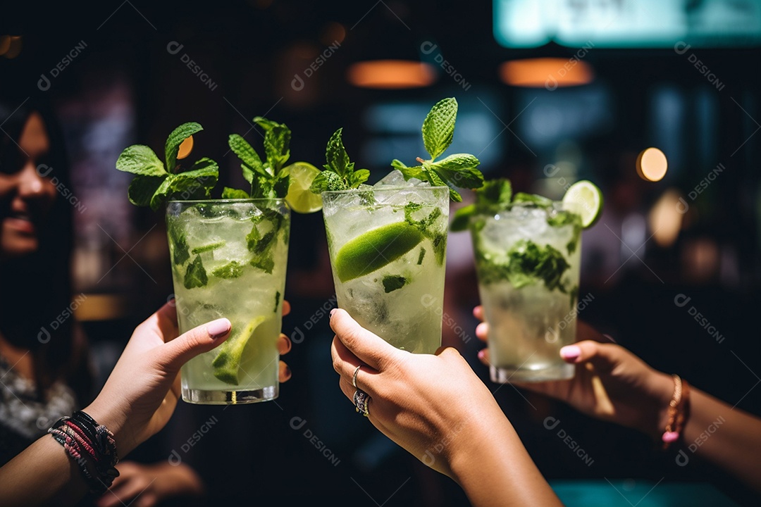 Close-up do grupo de amigos torcendo pela bebida mojito