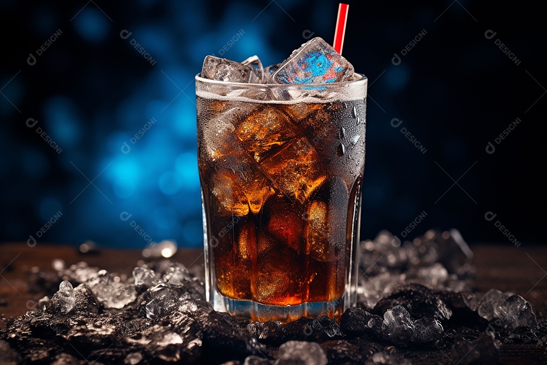 Refrigerante sobre copo de vidor em uma mesa de madeira