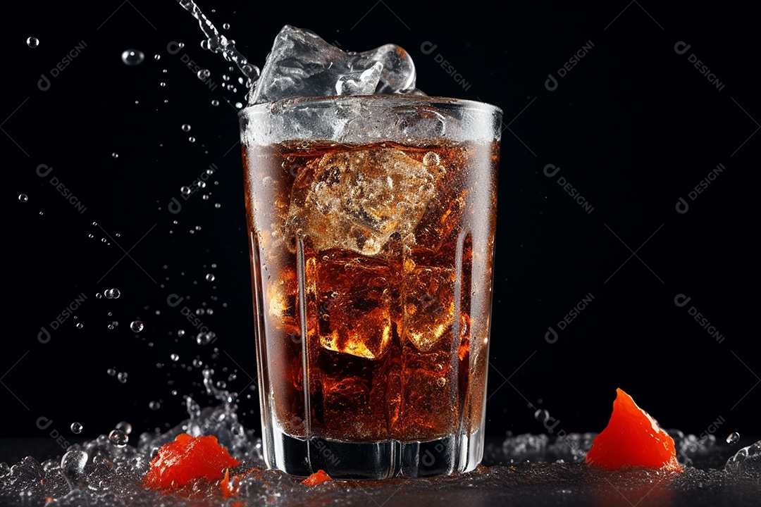 Refrigerante sobre copo de vidor em uma mesa de madeira