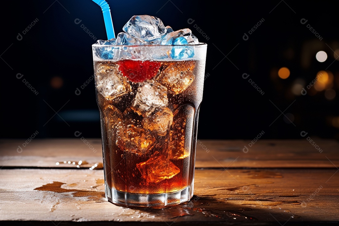 Refrigerante sobre copo de vidor em uma mesa de madeira