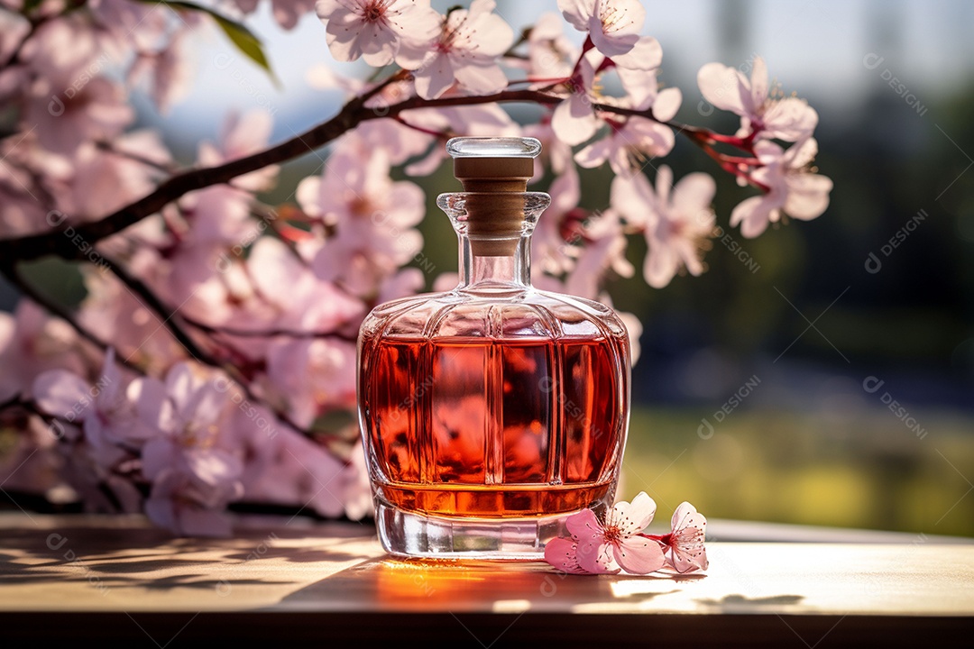 Conhaque de cereja em garrafa de vidro de luxo com vidro e cereja, ao ar livre com flor de cerejeira
