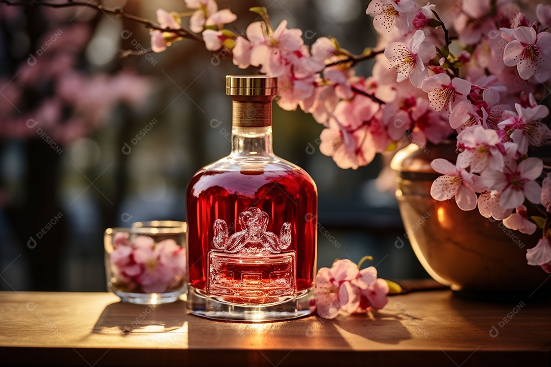 Conhaque de cereja em garrafa de vidro de luxo com vidro e cereja, ao ar livre com flor de cerejeira