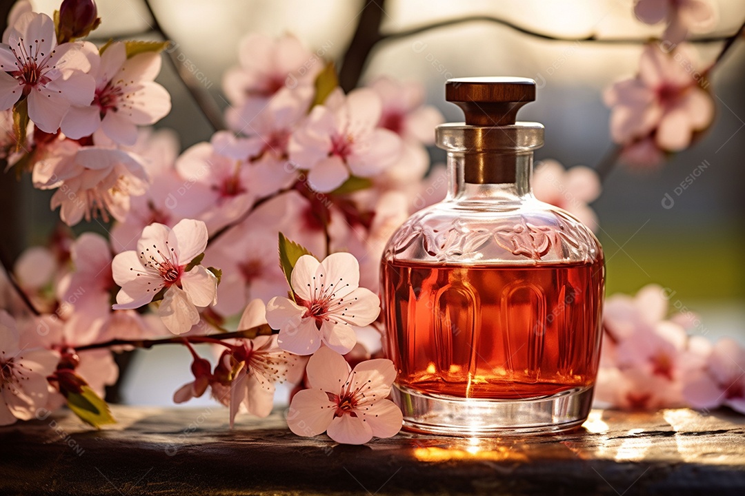 Conhaque de cereja em garrafa de vidro de luxo com vidro e cereja, ao ar livre com flor de cerejeira