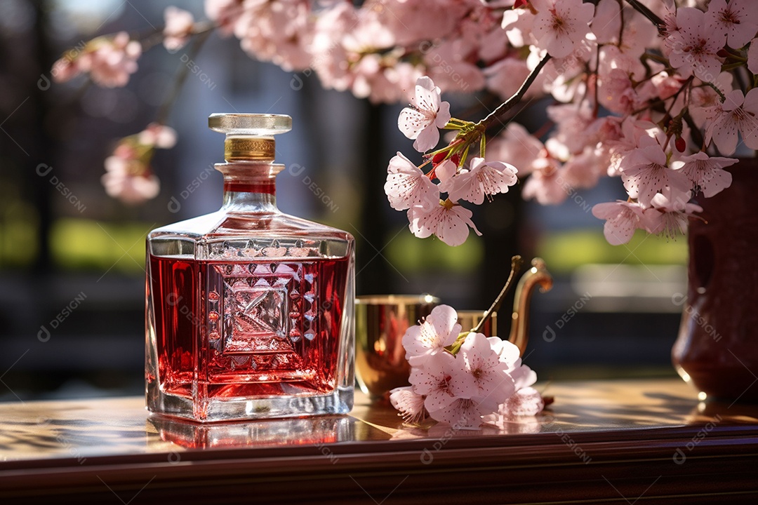 Conhaque de cereja em garrafa de vidro de luxo com vidro e cereja, ao ar livre com flor de cerejeira