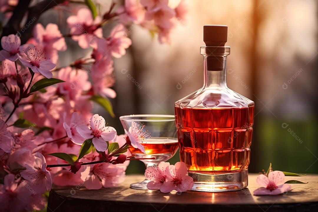 Conhaque de cereja em garrafa de vidro de luxo com vidro e cereja, ao ar livre com flor de cerejeira