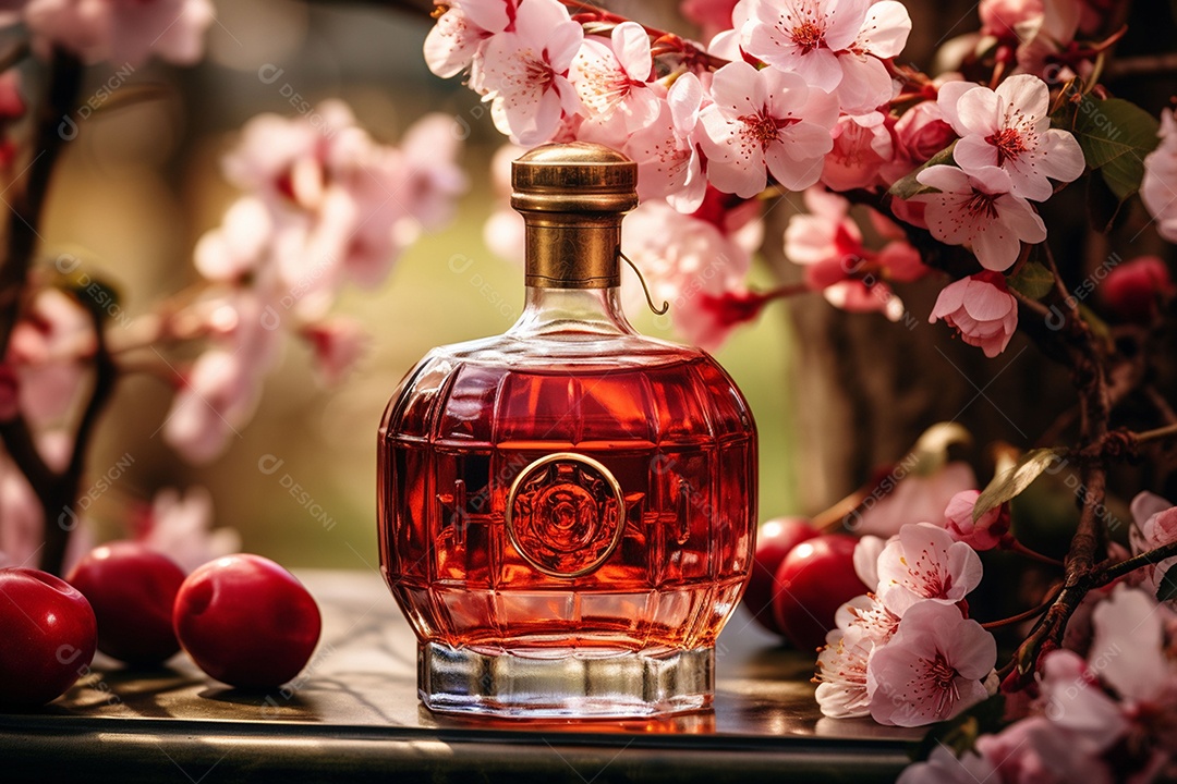 Conhaque de cereja em garrafa de vidro de luxo com vidro e cereja, ao ar livre com flor de cerejeira