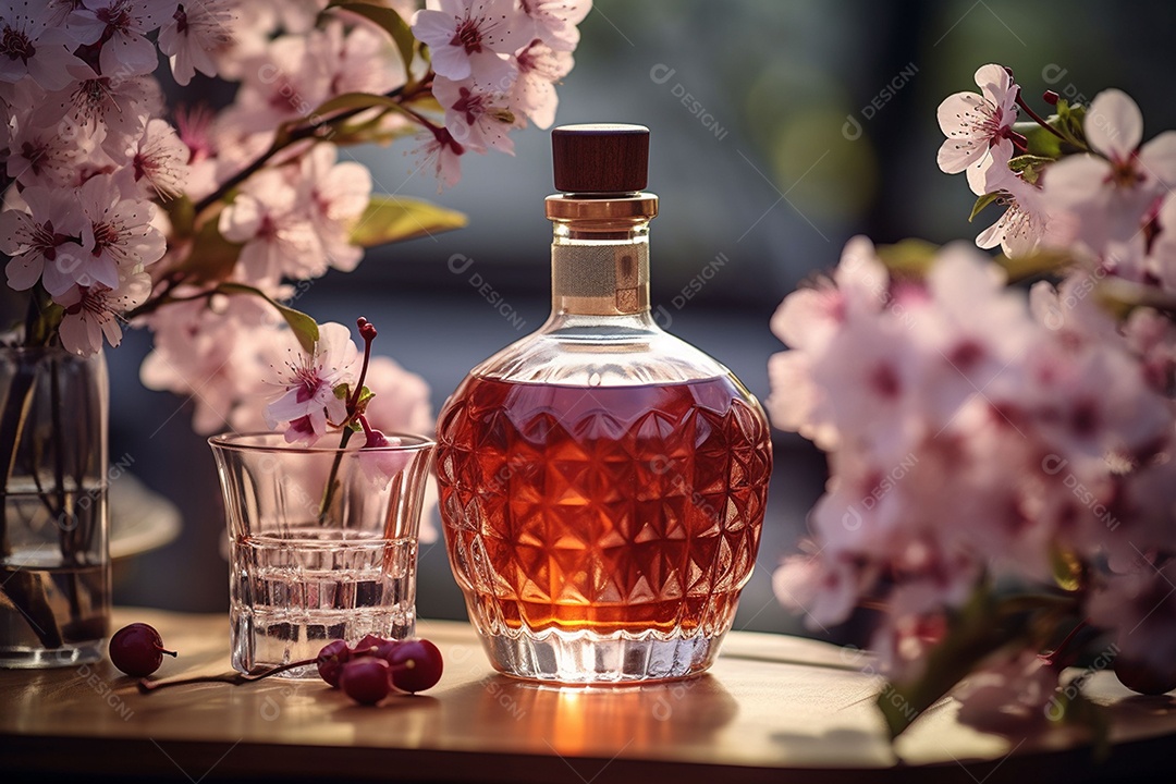 Conhaque de cereja em garrafa de vidro de luxo com vidro e cereja, ao ar livre com flor de cerejeira