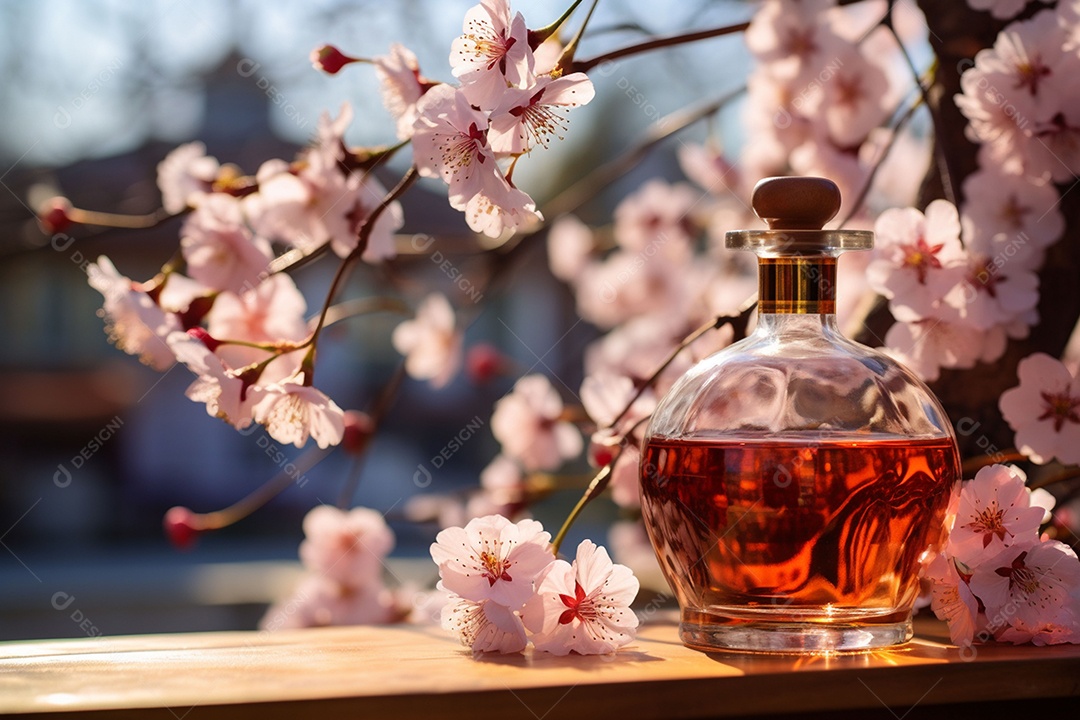 Conhaque de cereja em garrafa de vidro de luxo com vidro e cereja, ao ar livre com flor de cerejeira