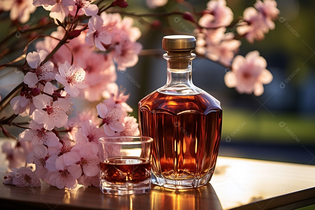Conhaque de cereja em garrafa de vidro de luxo com vidro e cereja, ao ar livre com flor de cerejeira