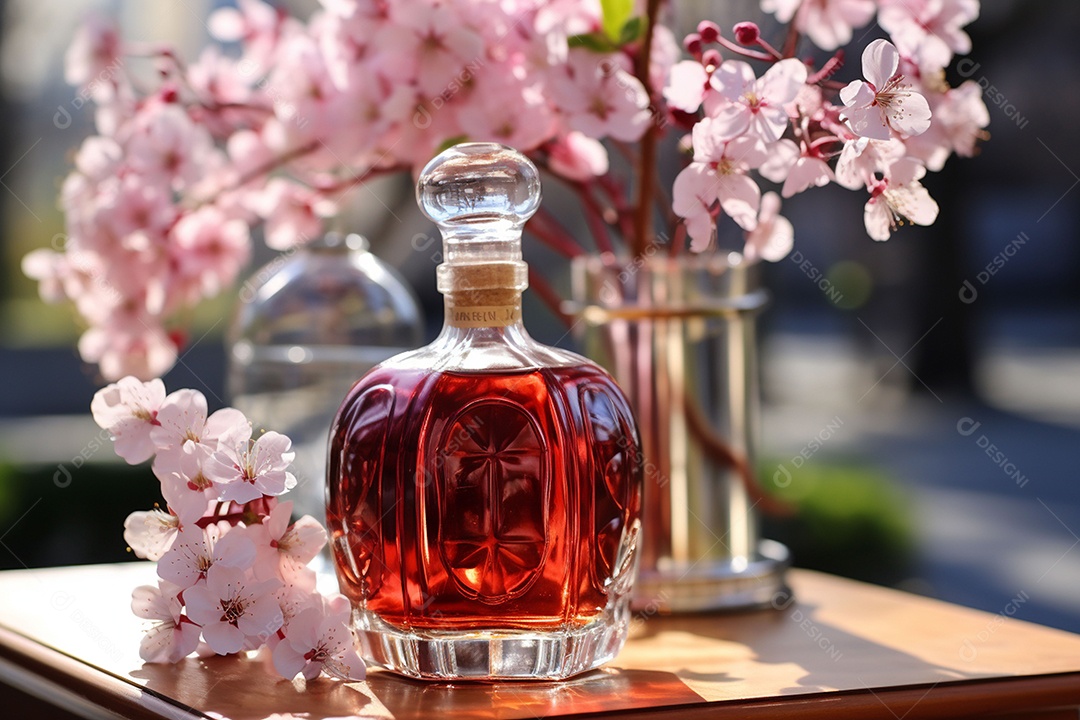 Conhaque de cereja em garrafa de vidro de luxo com vidro e cereja, ao ar livre com flor de cerejeira