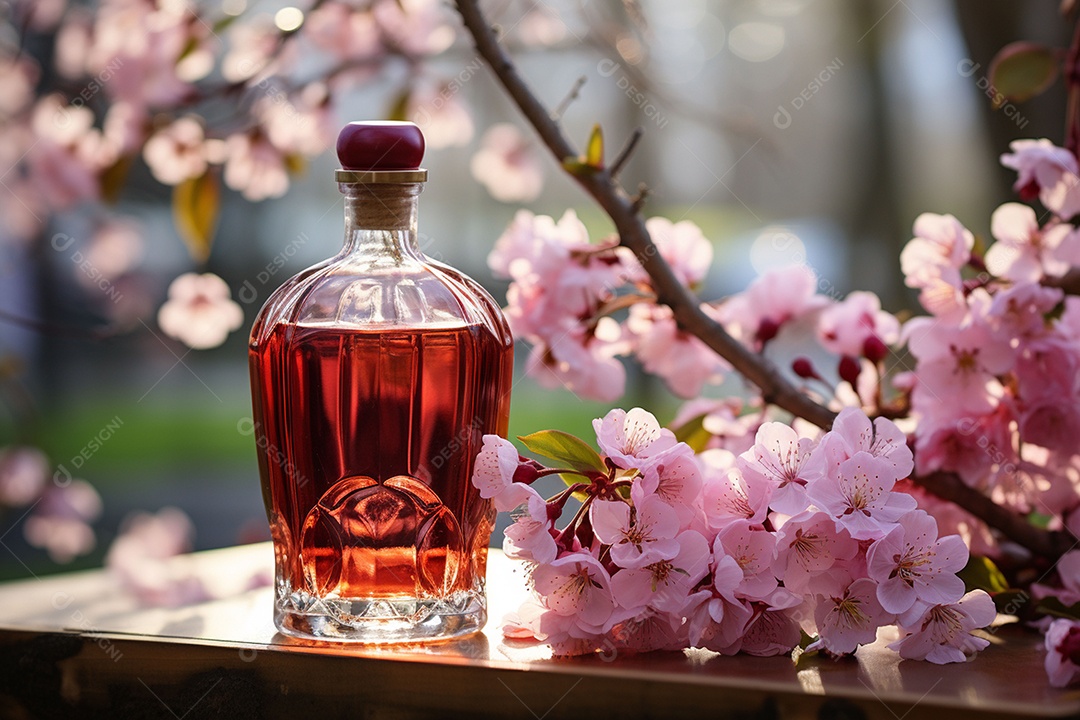 Conhaque de cereja em garrafa de vidro de luxo com vidro e cereja, ao ar livre com flor de cerejeira