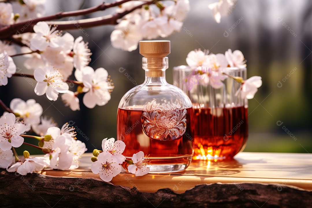 Conhaque de cereja em garrafa de vidro de luxo com vidro e cereja, ao ar livre com flor de cerejeira