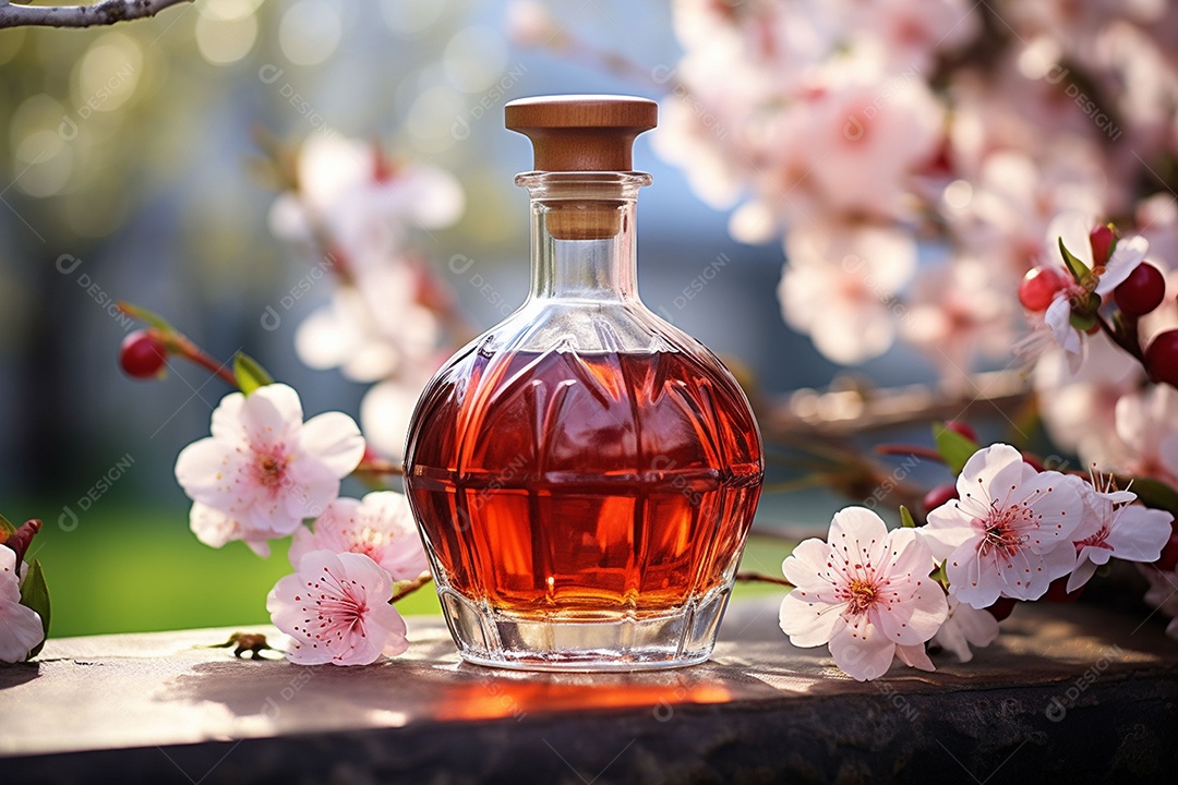 Conhaque de cereja em garrafa de vidro de luxo com vidro e cereja, ao ar livre com flor de cerejeira
