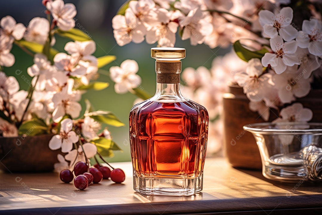 Conhaque de cereja em garrafa de vidro de luxo com vidro e cereja, ao ar livre com flor de cerejeira