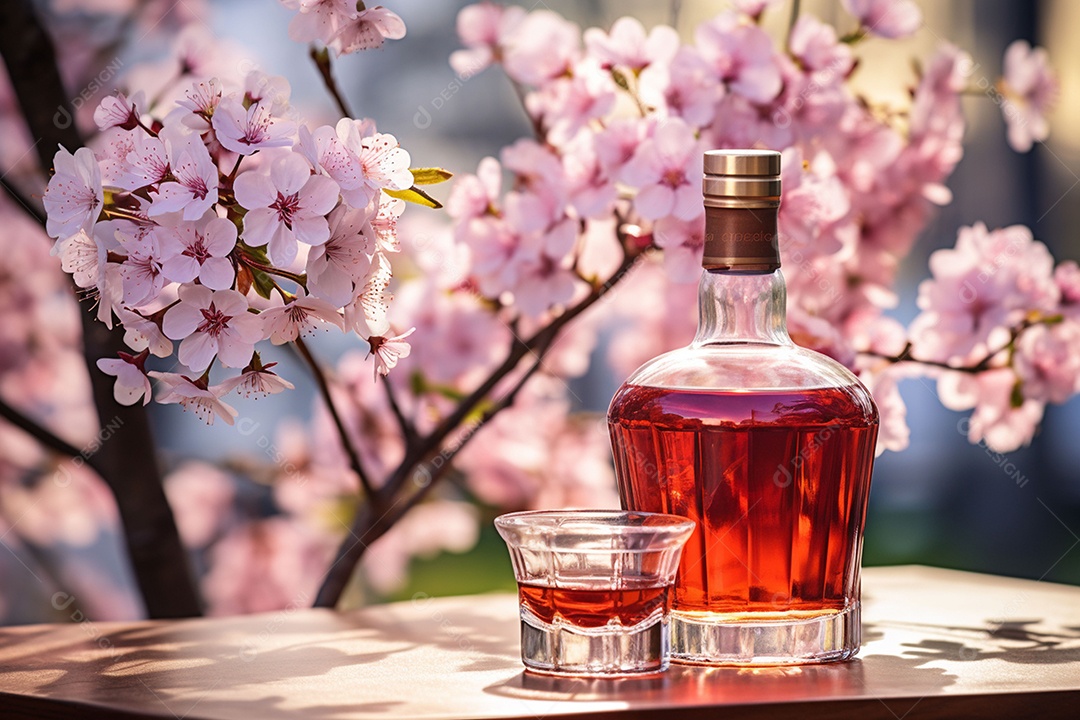 Conhaque de cereja em garrafa de vidro de luxo com vidro e cereja, ao ar livre com flor de cerejeira
