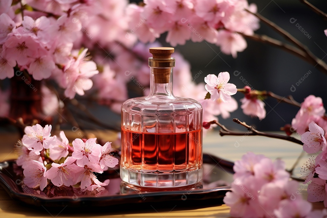 Conhaque de cereja em garrafa de vidro de luxo com vidro e cereja, ao ar livre com flor de cerejeira