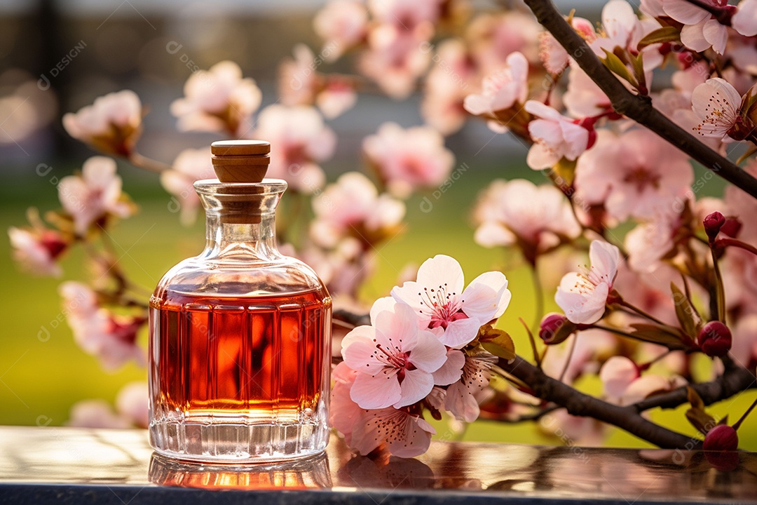 Conhaque de cereja em garrafa de vidro de luxo com vidro e cereja, ao ar livre com flor de cerejeira