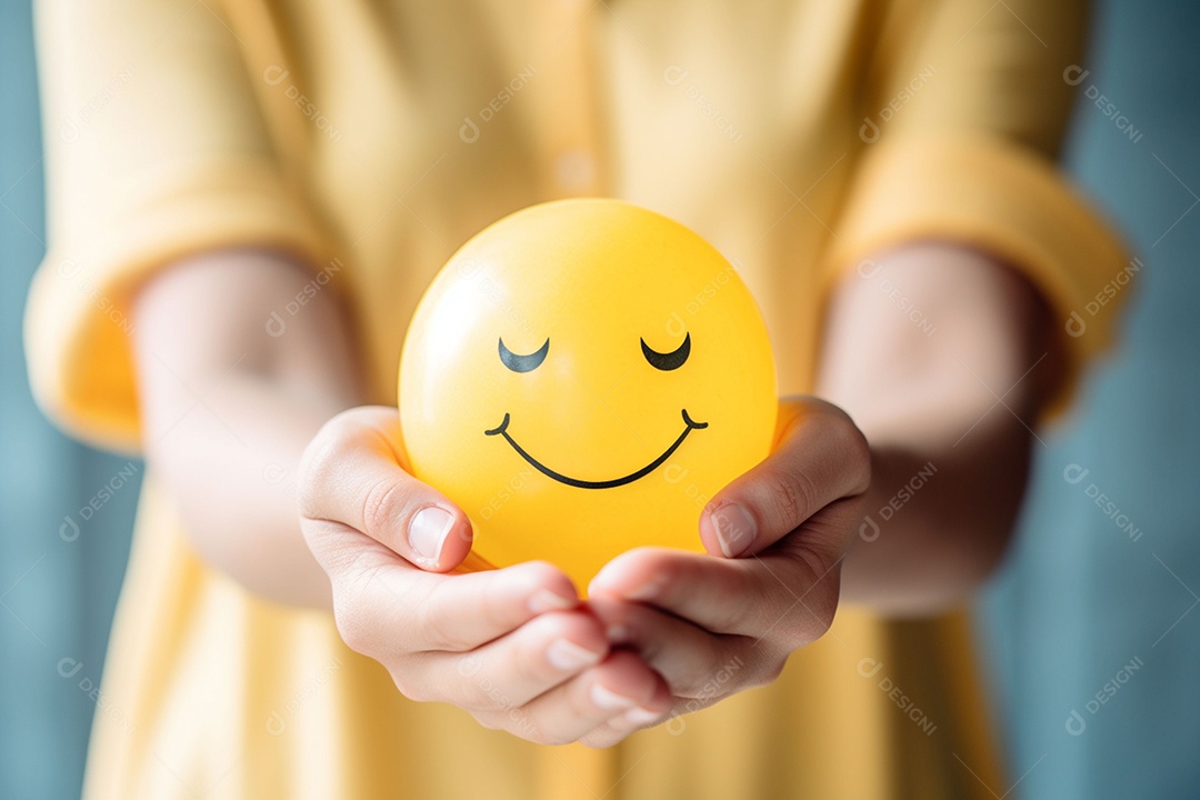 Mão de uma mulher segurando a posição da esfera emoji de sorriso feliz