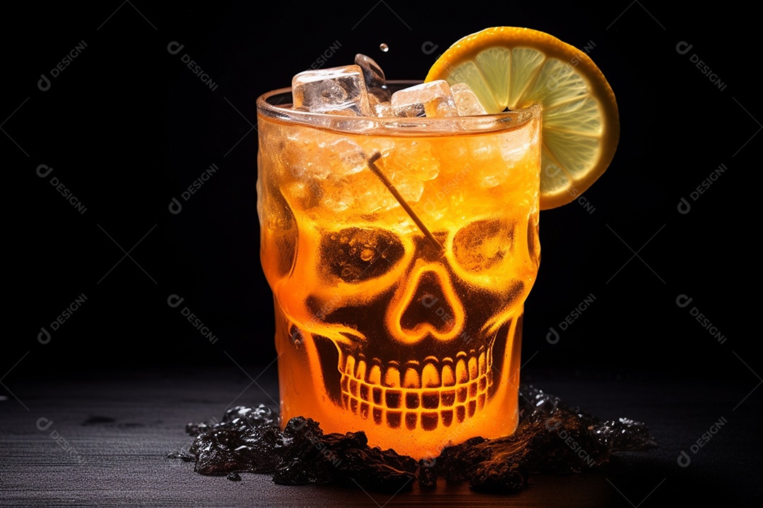 Bebida picante de Halloween com cubo de gelo enfeite fatia de laranja decorada com crânio em fundo preto.