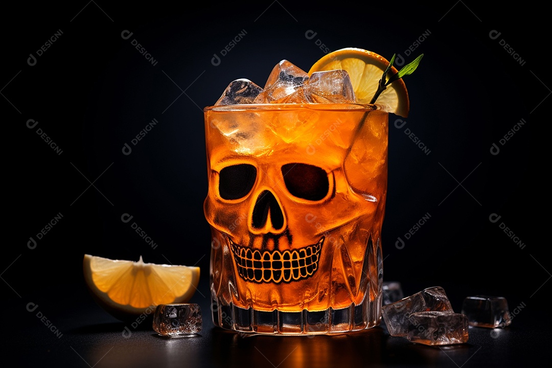 Bebida picante de Halloween com cubo de gelo enfeite fatia de laranja decorada com crânio em fundo preto.