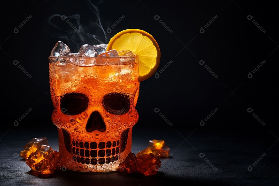 Bebida picante de Halloween com cubo de gelo enfeite fatia de laranja decorada com crânio em fundo preto.