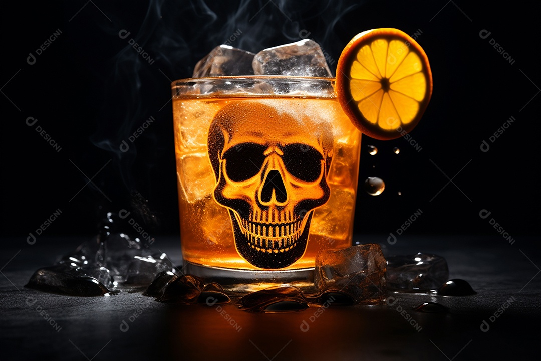 Bebida picante de Halloween com cubo de gelo enfeite fatia de laranja decorada com crânio em fundo preto. Estilo minimalista. Copie o espaço.