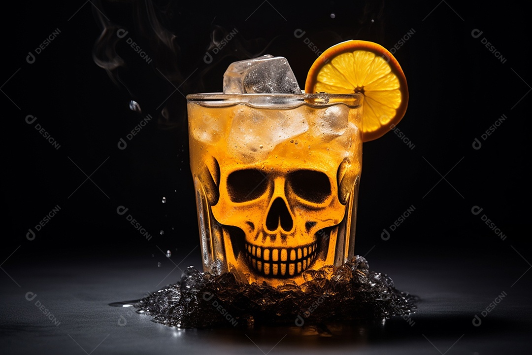 Bebida picante de Halloween com cubo de gelo enfeite fatia de laranja decorada com crânio em fundo preto.