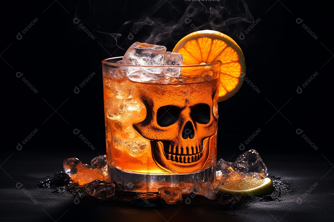 Bebida picante de Halloween com cubo de gelo enfeite fatia de laranja decorada com crânio em fundo preto.