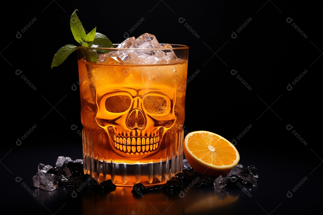 Bebida picante de Halloween com cubo de gelo enfeite fatia de laranja decorada com crânio em fundo preto.