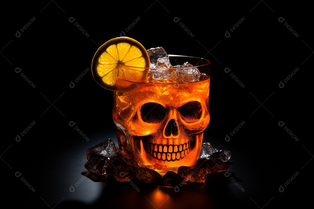 Bebida picante de Halloween com cubo de gelo enfeite fatia de laranja decorada com crânio em fundo preto. Estilo minimalista.