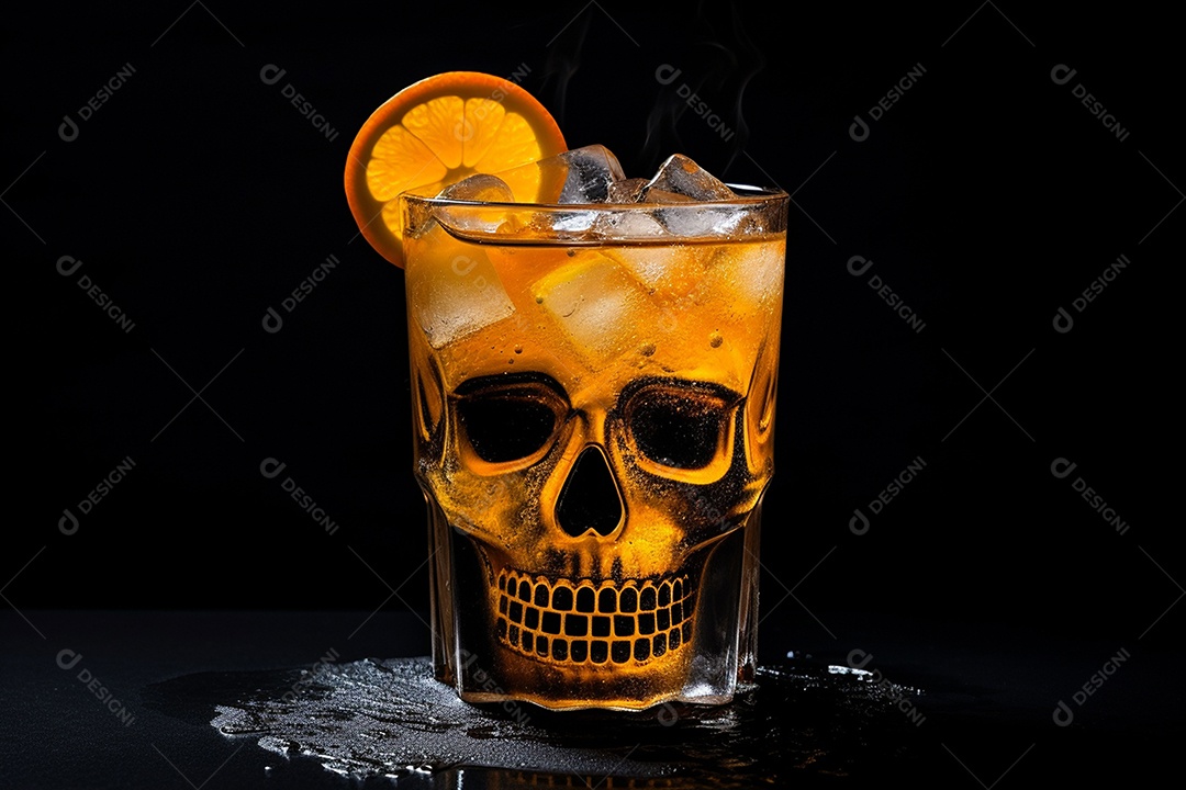 Bebida picante de Halloween com cubo de gelo enfeite fatia de laranja decorada com crânio em fundo preto. Estilo minimalista.